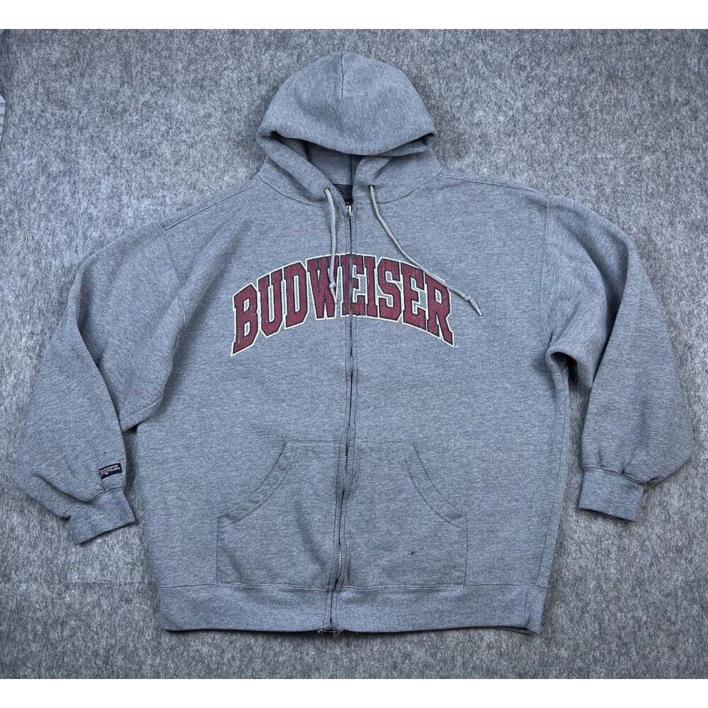 Vtg Jansport Men's Hoodie Zip Up Sweatshirt Budweiser Spellout Gray Y2K Size XL